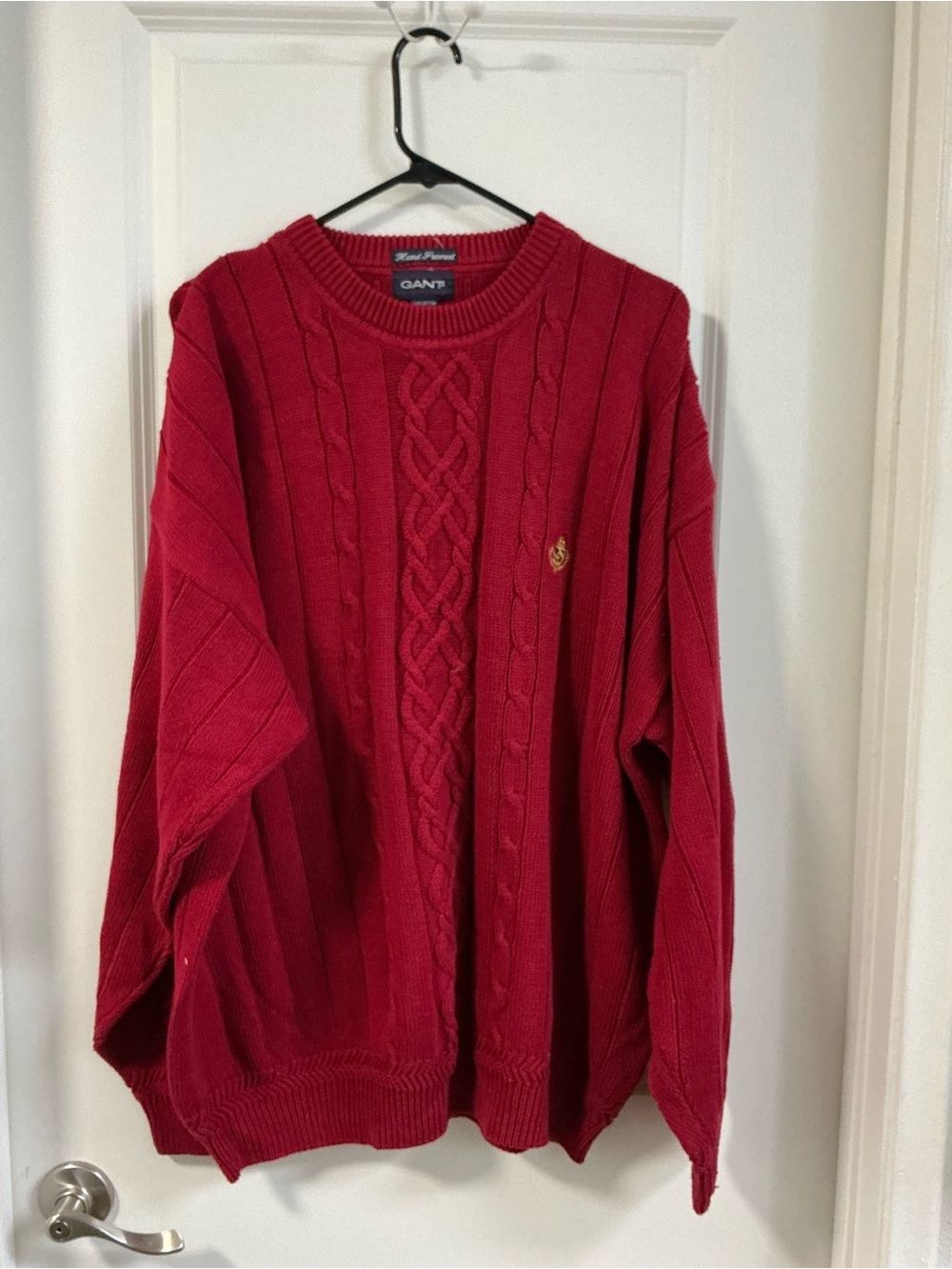 Vintage Gant Heavyweight Red Cable-Knit Sweater Cotton Hand Framed Crest XL